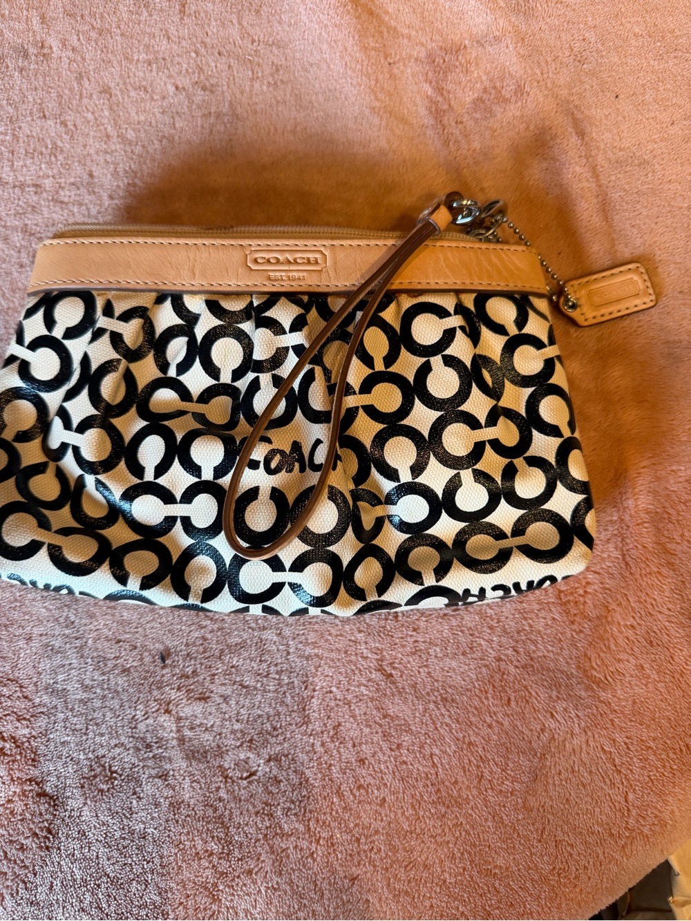 Coach Black and Cream Signature Wristlet with Tan Trim